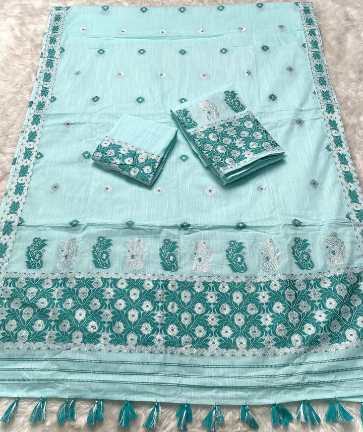 Ready-To-Wear Dhaga-Silver Jari Weaving Work Kesa Cotton* Mekhela Sador