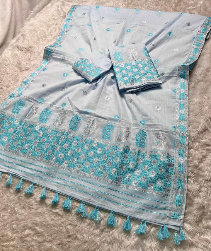 Ready-To-Wear Dhaga-Silver Jari Weaving Work Kesa Cotton* Mekhela Sador