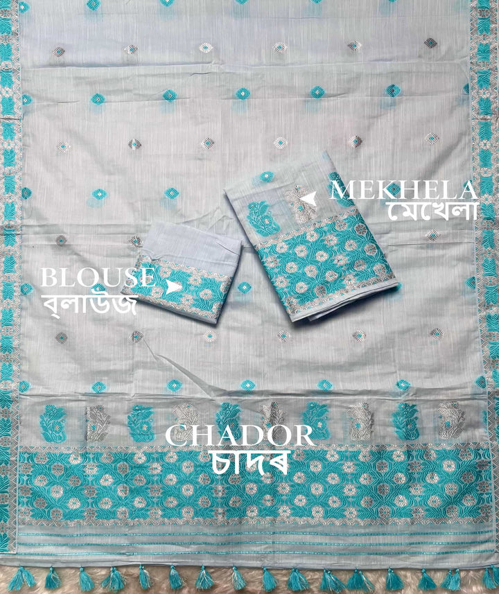 Ready-To-Wear Dhaga-Silver Jari Weaving Work Kesa Cotton* Mekhela Sador