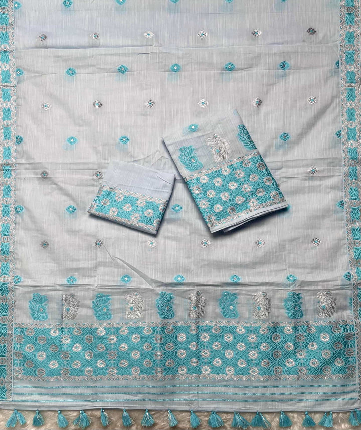 Ready-To-Wear Dhaga-Silver Jari Weaving Work Kesa Cotton* Mekhela Sador