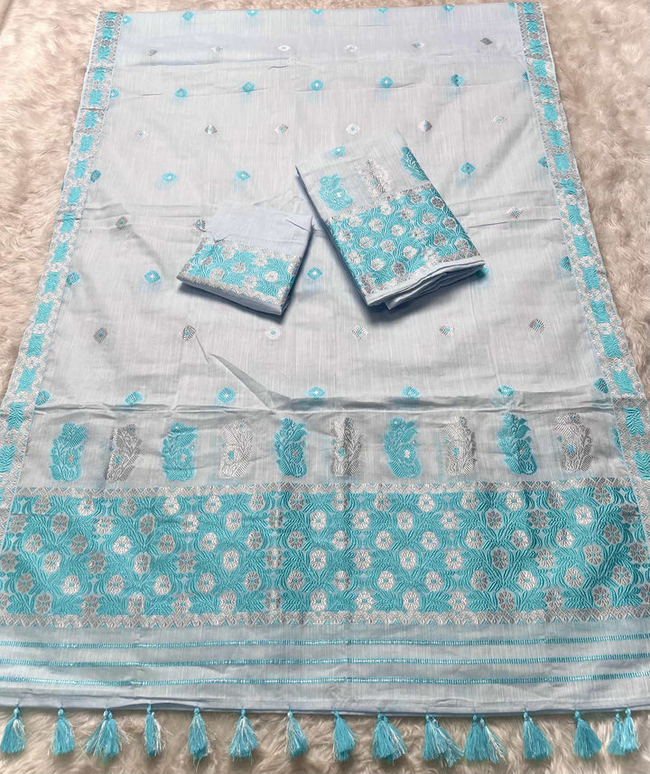 Ready-To-Wear Dhaga-Silver Jari Weaving Work Kesa Cotton* Mekhela Sador