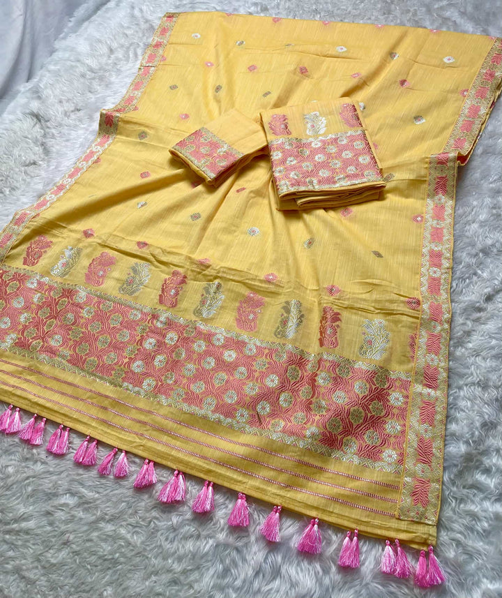Ready-To-Wear Dhaga-Silver Jari Weaving Work Kesa Cotton* Mekhela Sador