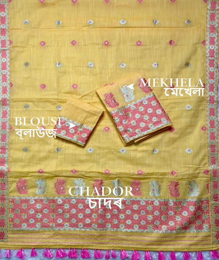 Ready-To-Wear Dhaga-Silver Jari Weaving Work Kesa Cotton* Mekhela Sador