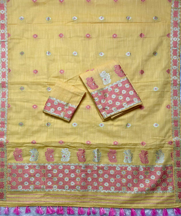 Ready-To-Wear Dhaga-Silver Jari Weaving Work Kesa Cotton* Mekhela Sador