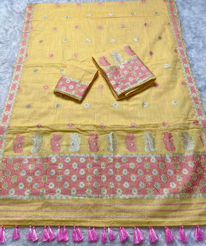 Ready-To-Wear Dhaga-Silver Jari Weaving Work Kesa Cotton* Mekhela Sador