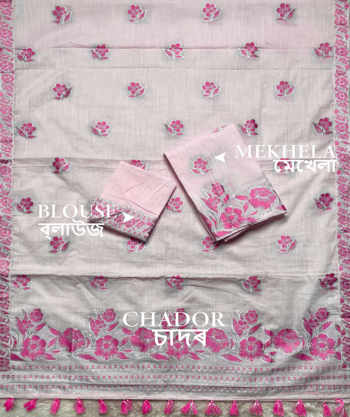 Ready-To-Wear Dhaga-Silver Jari Weaving Work Kesa Cotton* Mekhela Sador