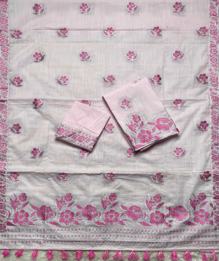 Ready-To-Wear Dhaga-Silver Jari Weaving Work Kesa Cotton* Mekhela Sador