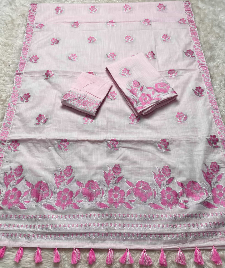 Ready-To-Wear Dhaga-Silver Jari Weaving Work Kesa Cotton* Mekhela Sador