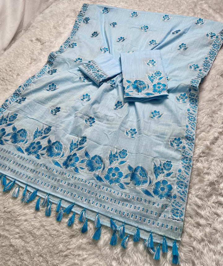 Ready-To-Wear Dhaga-Silver Jari Weaving Work Kesa Cotton* Mekhela Sador