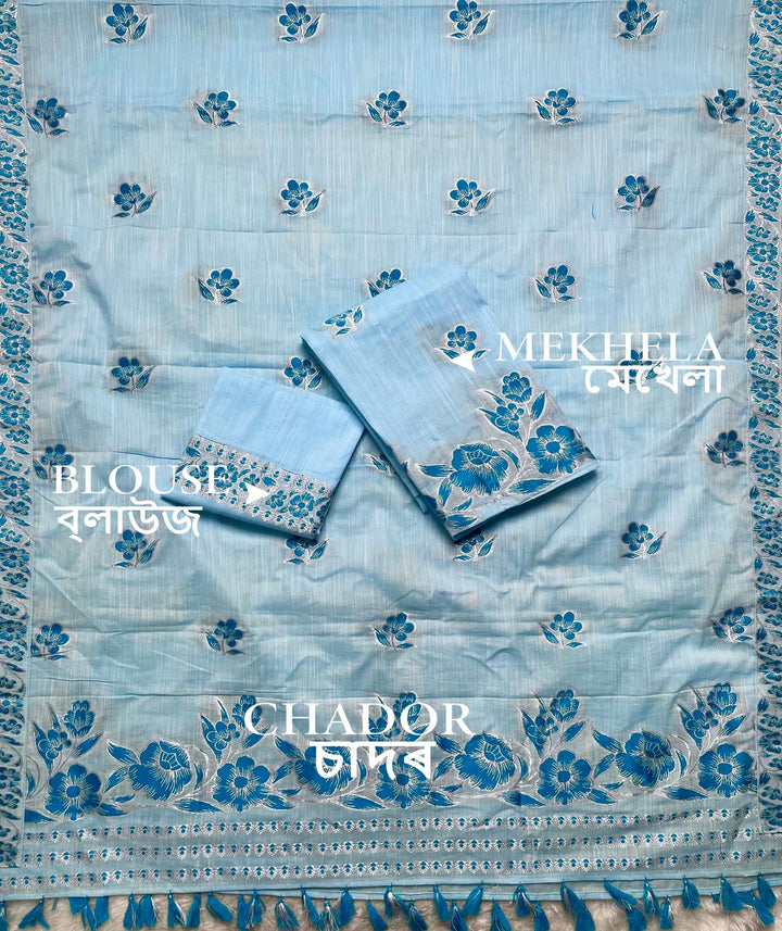 Ready-To-Wear Dhaga-Silver Jari Weaving Work Kesa Cotton* Mekhela Sador
