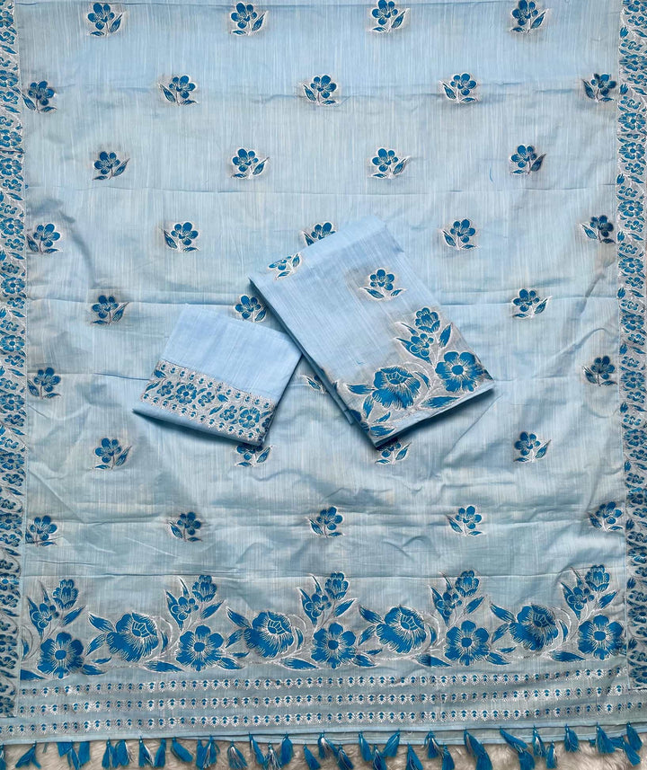 Ready-To-Wear Dhaga-Silver Jari Weaving Work Kesa Cotton* Mekhela Sador