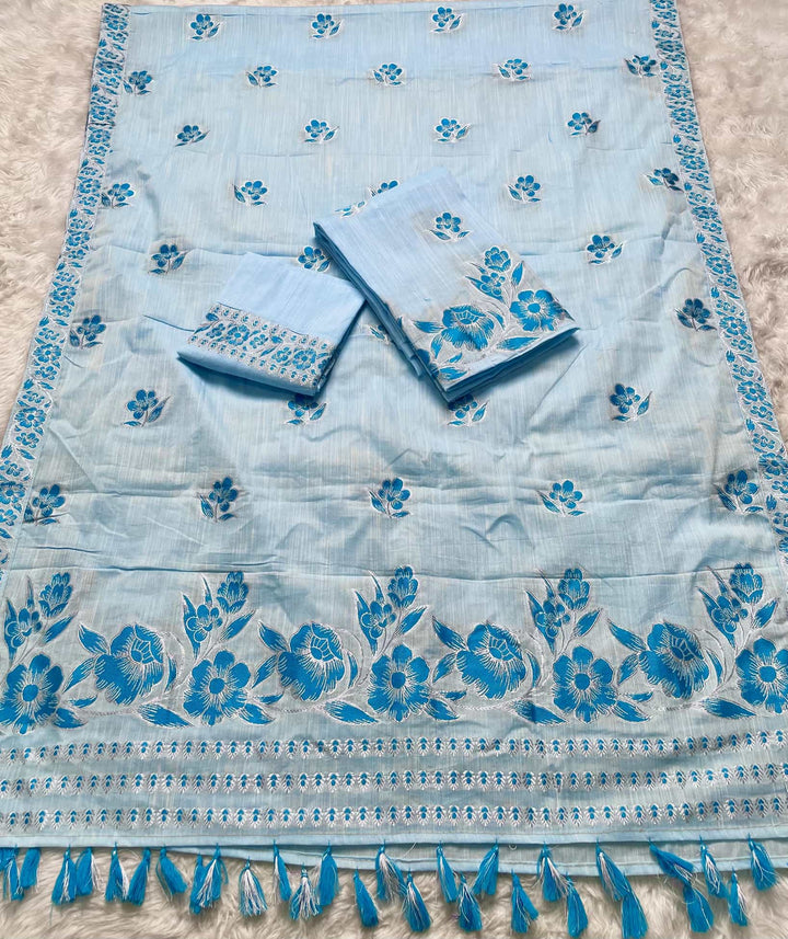 Ready-To-Wear Dhaga-Silver Jari Weaving Work Kesa Cotton* Mekhela Sador