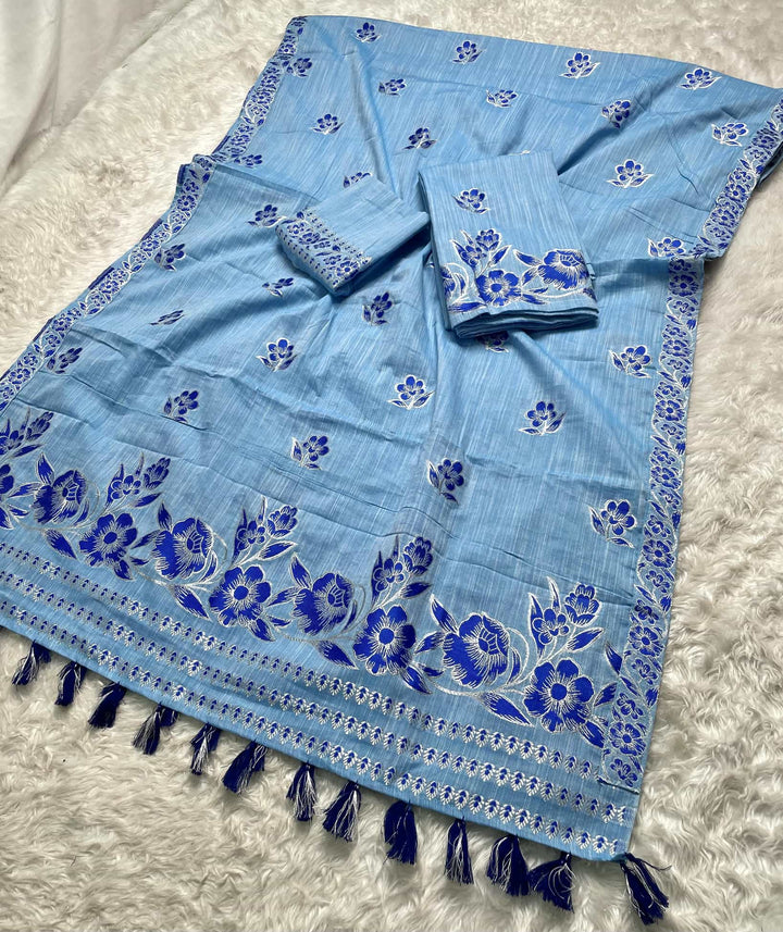 Ready-To-Wear Dhaga-Silver Jari Weaving Work Kesa Cotton* Mekhela Sador