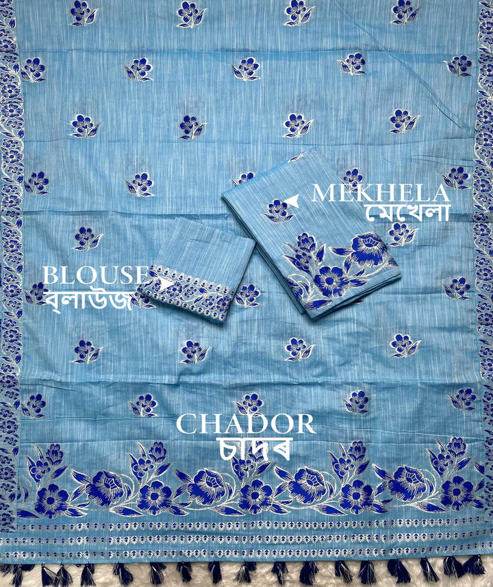 Ready-To-Wear Dhaga-Silver Jari Weaving Work Kesa Cotton* Mekhela Sador