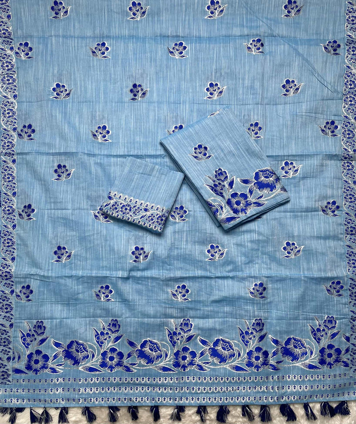 Ready-To-Wear Dhaga-Silver Jari Weaving Work Kesa Cotton* Mekhela Sador