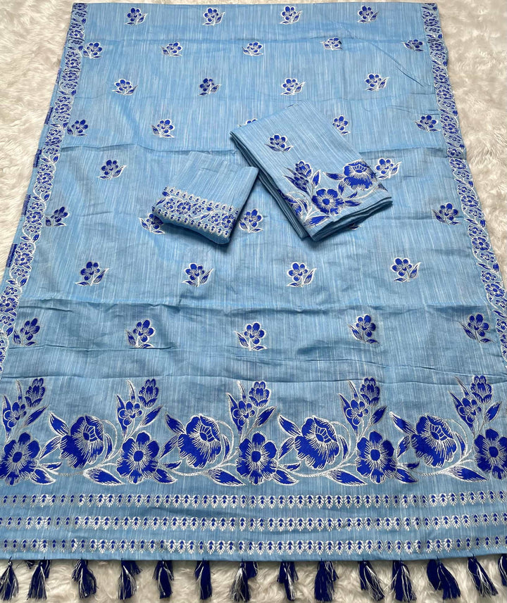 Ready-To-Wear Dhaga-Silver Jari Weaving Work Kesa Cotton* Mekhela Sador