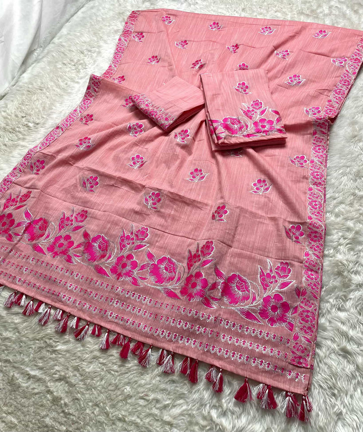 Ready-To-Wear Dhaga-Silver Jari Weaving Work Kesa Cotton* Mekhela Sador