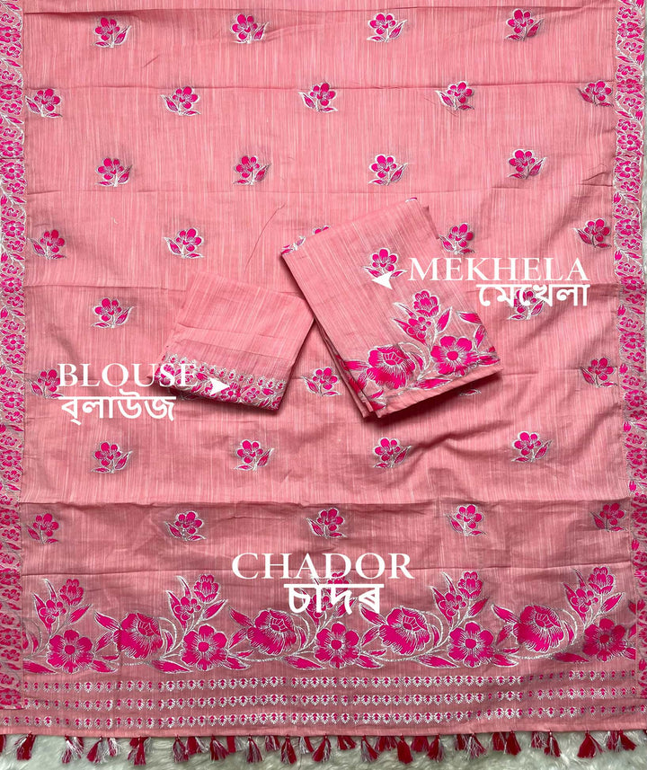 Ready-To-Wear Dhaga-Silver Jari Weaving Work Kesa Cotton* Mekhela Sador