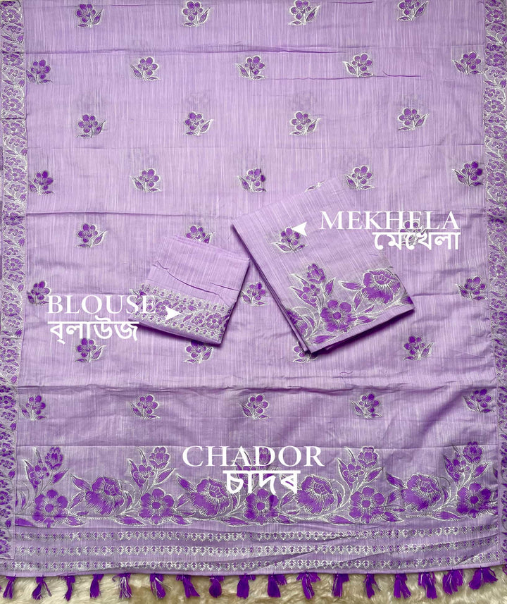 Ready-To-Wear Dhaga-Silver Jari Weaving Work Kesa Cotton* Mekhela Sador