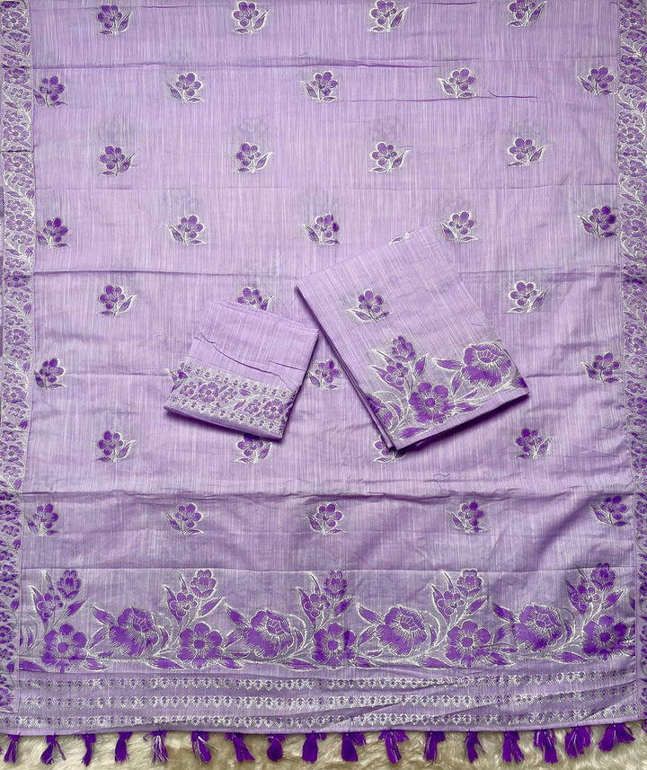 Ready-To-Wear Dhaga-Silver Jari Weaving Work Kesa Cotton* Mekhela Sador