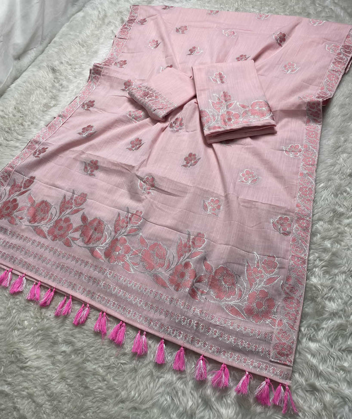 Ready-To-Wear Dhaga-Silver Jari Weaving Work Kesa Cotton* Mekhela Sador