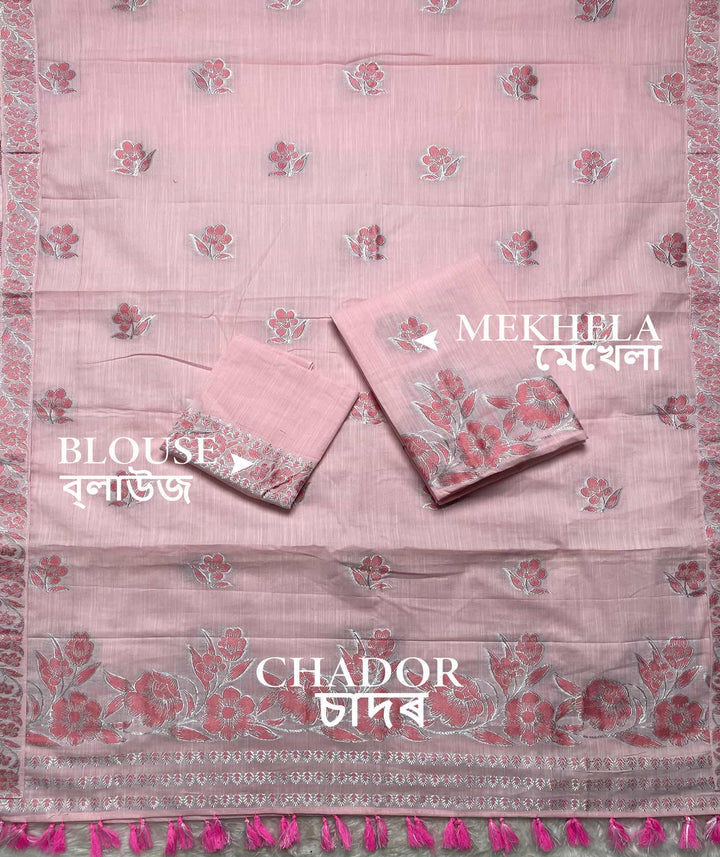 Ready-To-Wear Dhaga-Silver Jari Weaving Work Kesa Cotton* Mekhela Sador