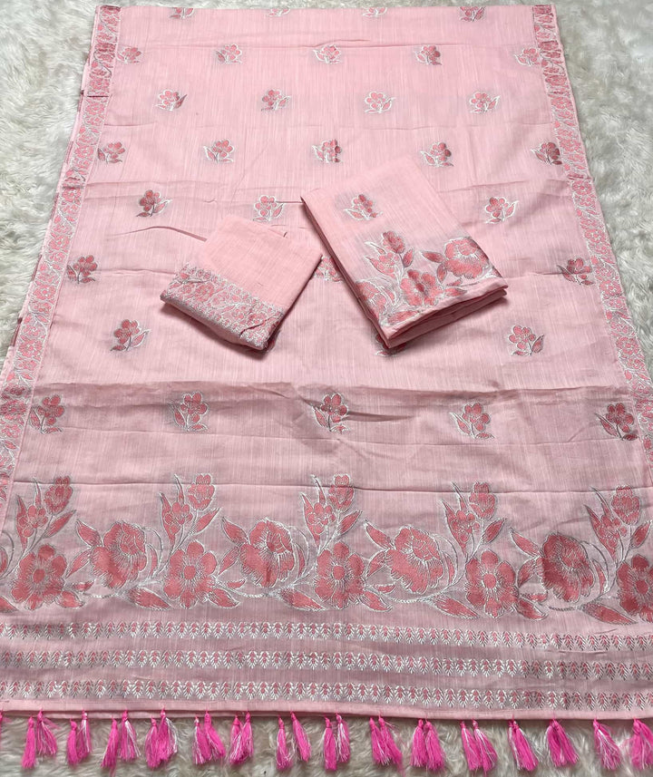 Ready-To-Wear Dhaga-Silver Jari Weaving Work Kesa Cotton* Mekhela Sador