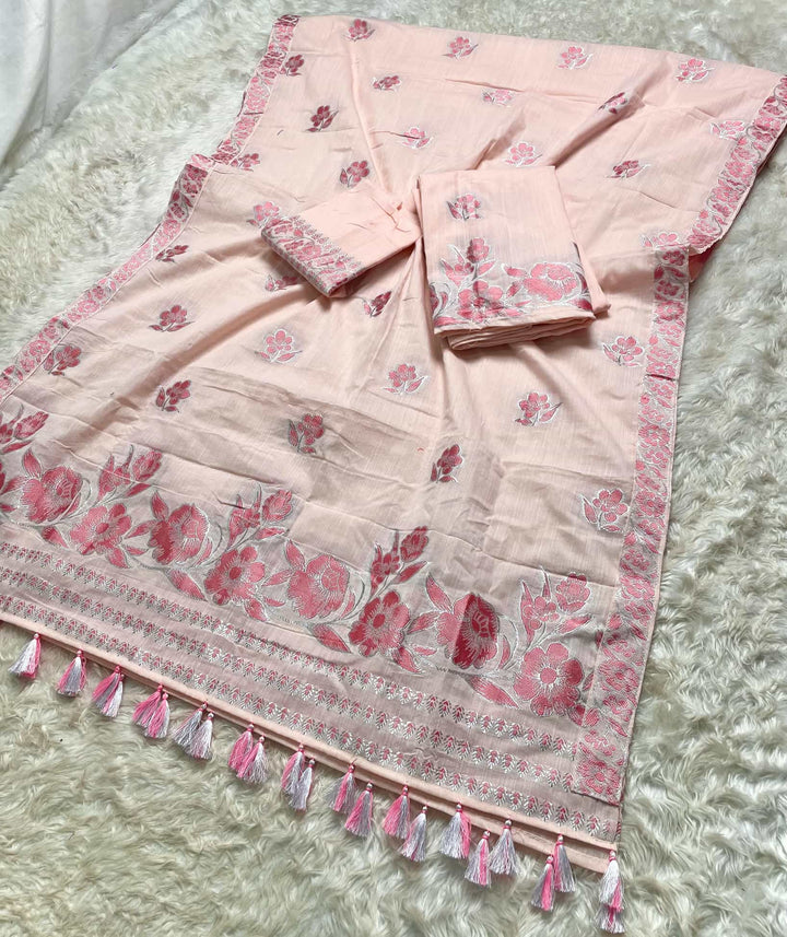 Ready-To-Wear Dhaga-Silver Jari Weaving Work Kesa Cotton* Mekhela Sador