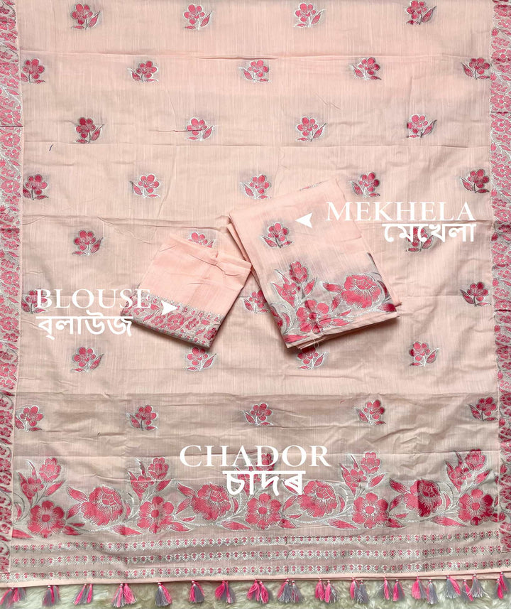 Ready-To-Wear Dhaga-Silver Jari Weaving Work Kesa Cotton* Mekhela Sador