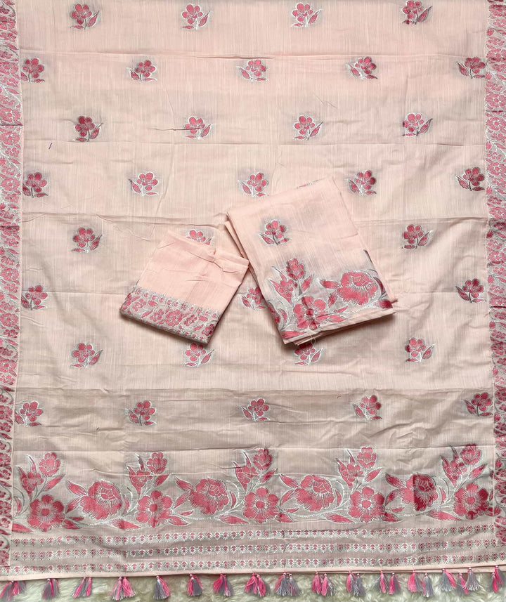 Ready-To-Wear Dhaga-Silver Jari Weaving Work Kesa Cotton* Mekhela Sador