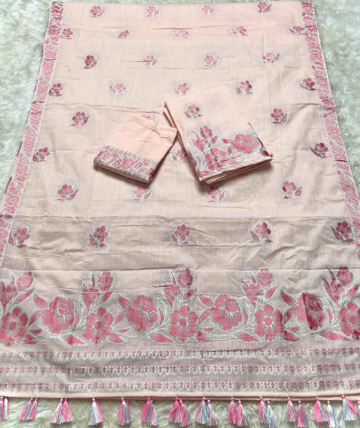 Ready-To-Wear Dhaga-Silver Jari Weaving Work Kesa Cotton* Mekhela Sador