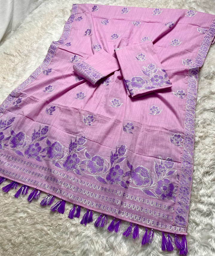 Ready-To-Wear Dhaga-Silver Jari Weaving Work Kesa Cotton* Mekhela Sador