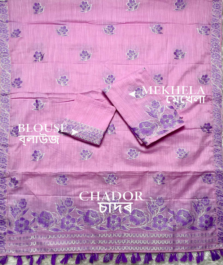 Ready-To-Wear Dhaga-Silver Jari Weaving Work Kesa Cotton* Mekhela Sador