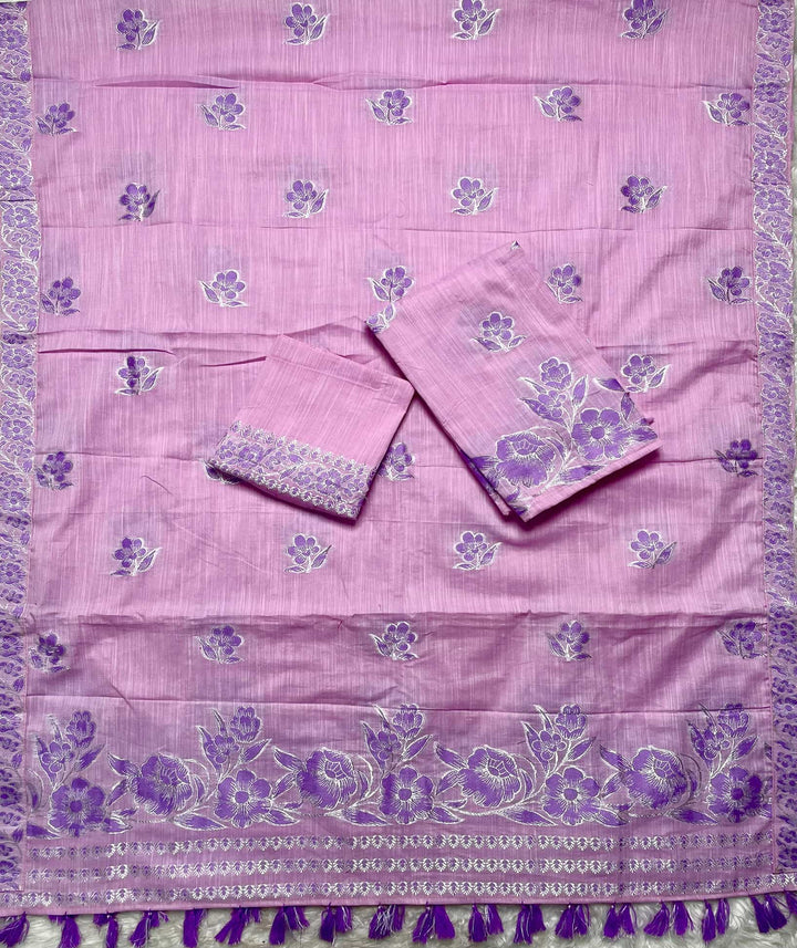 Ready-To-Wear Dhaga-Silver Jari Weaving Work Kesa Cotton* Mekhela Sador