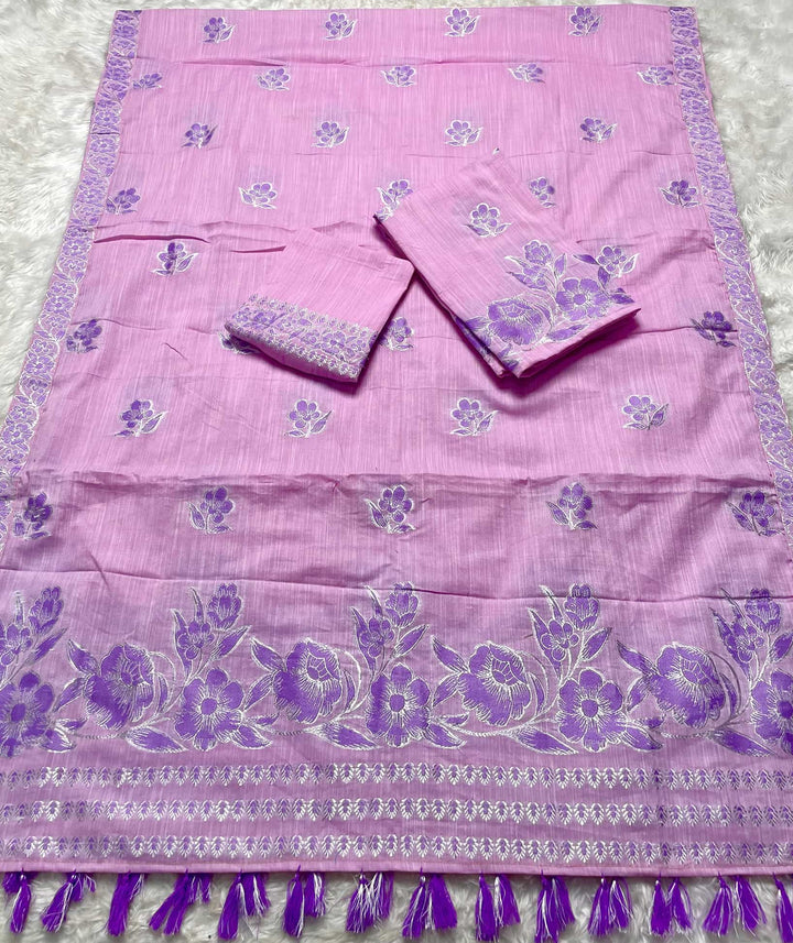 Ready-To-Wear Dhaga-Silver Jari Weaving Work Kesa Cotton* Mekhela Sador