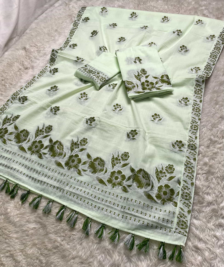 Ready-To-Wear Dhaga-Silver Jari Weaving Work Kesa Cotton* Mekhela Sador