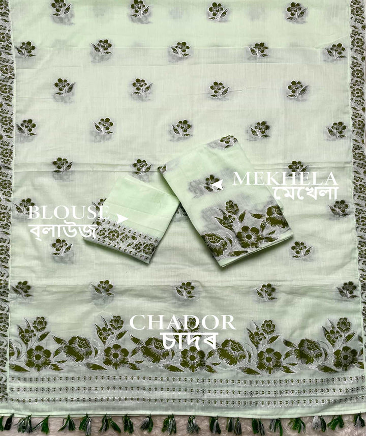 Ready-To-Wear Dhaga-Silver Jari Weaving Work Kesa Cotton* Mekhela Sador