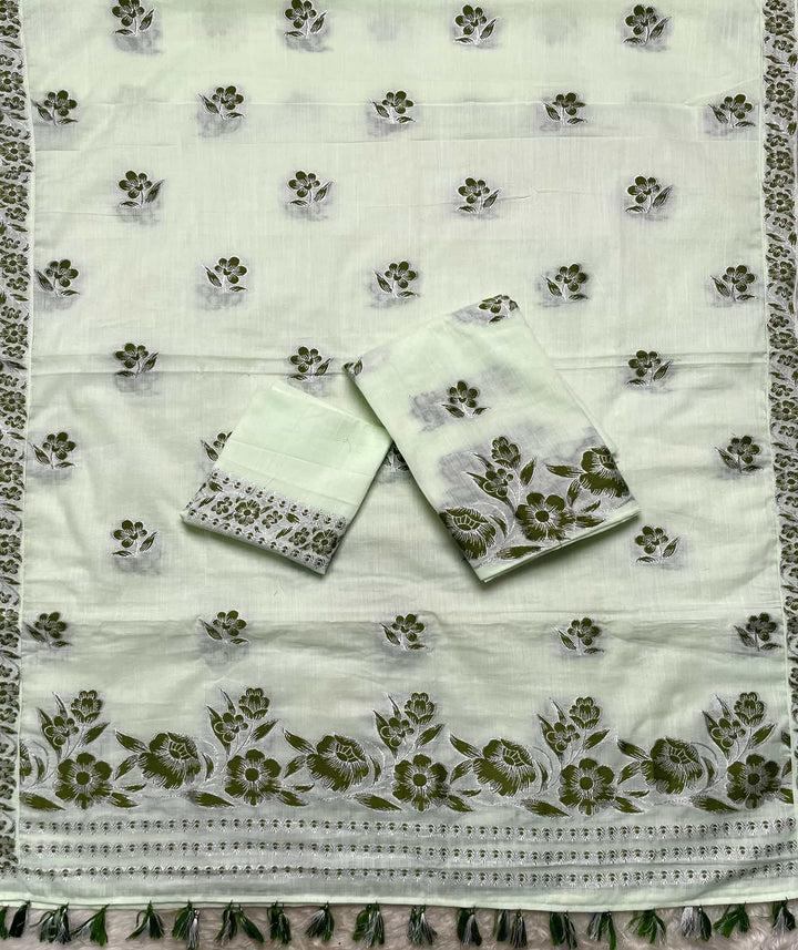 Ready-To-Wear Dhaga-Silver Jari Weaving Work Kesa Cotton* Mekhela Sador