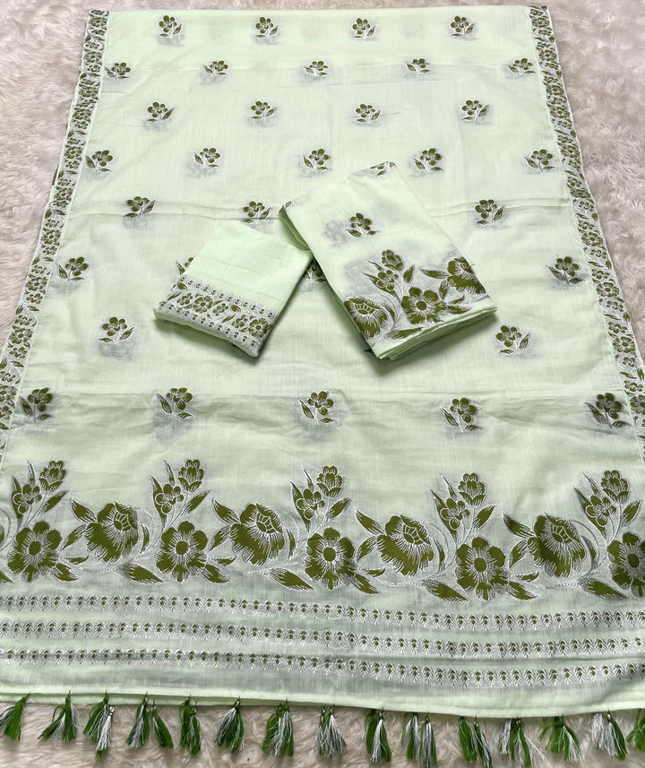 Ready-To-Wear Dhaga-Silver Jari Weaving Work Kesa Cotton* Mekhela Sador