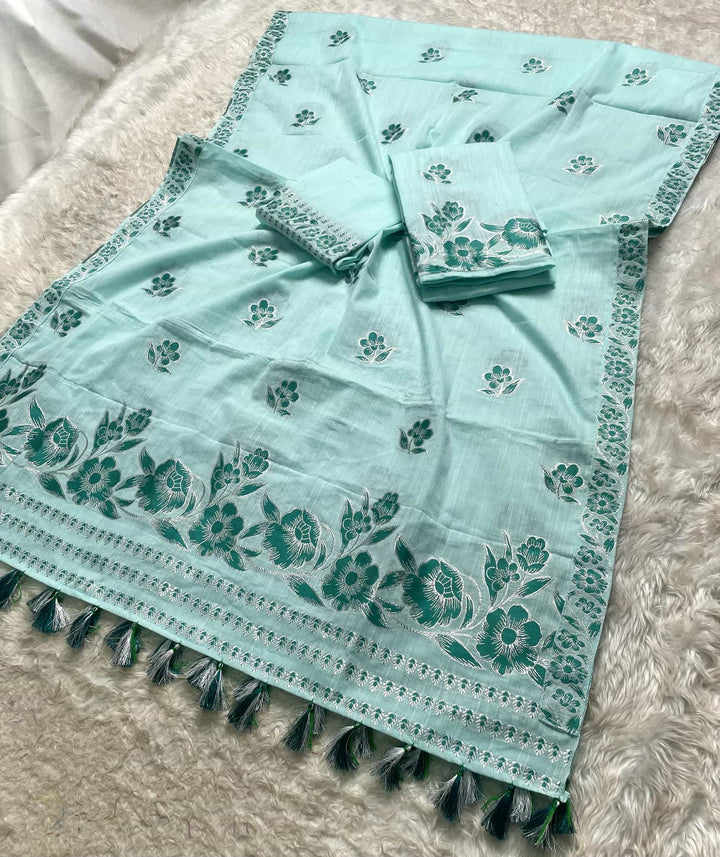 Ready-To-Wear Dhaga-Silver Jari Weaving Work Kesa Cotton* Mekhela Sador