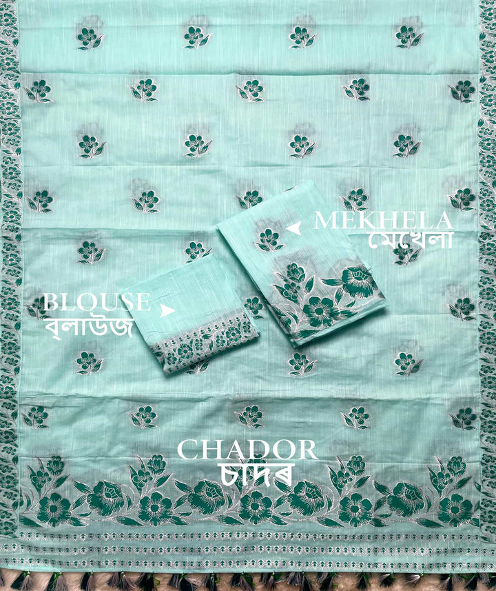 Ready-To-Wear Dhaga-Silver Jari Weaving Work Kesa Cotton* Mekhela Sador
