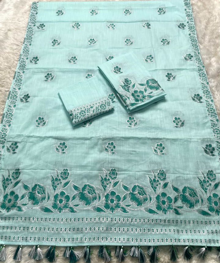 Ready-To-Wear Dhaga-Silver Jari Weaving Work Kesa Cotton* Mekhela Sador
