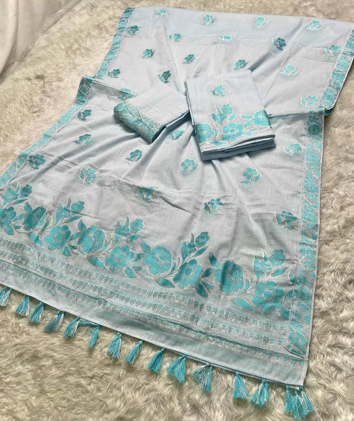 Ready-To-Wear Dhaga-Silver Jari Weaving Work Kesa Cotton* Mekhela Sador