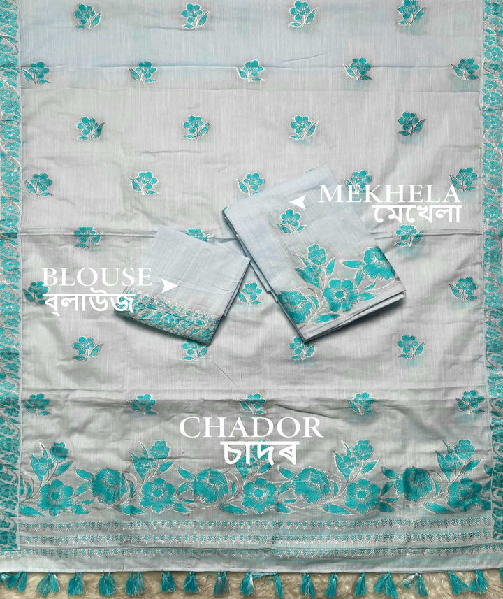 Ready-To-Wear Dhaga-Silver Jari Weaving Work Kesa Cotton* Mekhela Sador