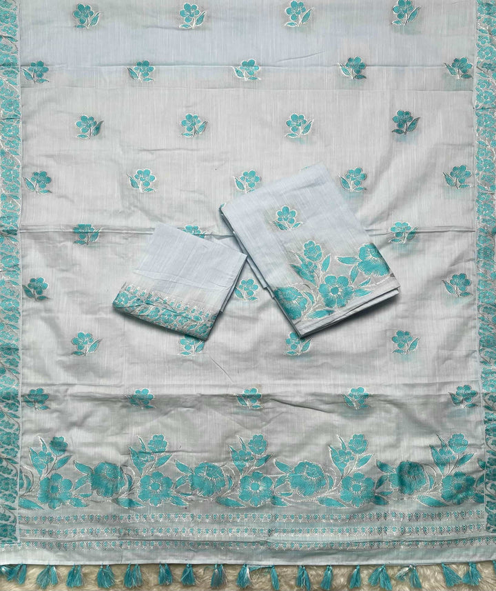 Ready-To-Wear Dhaga-Silver Jari Weaving Work Kesa Cotton* Mekhela Sador