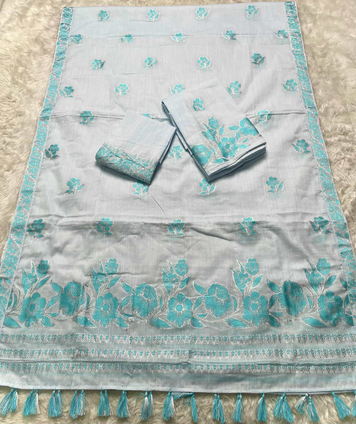 Ready-To-Wear Dhaga-Silver Jari Weaving Work Kesa Cotton* Mekhela Sador