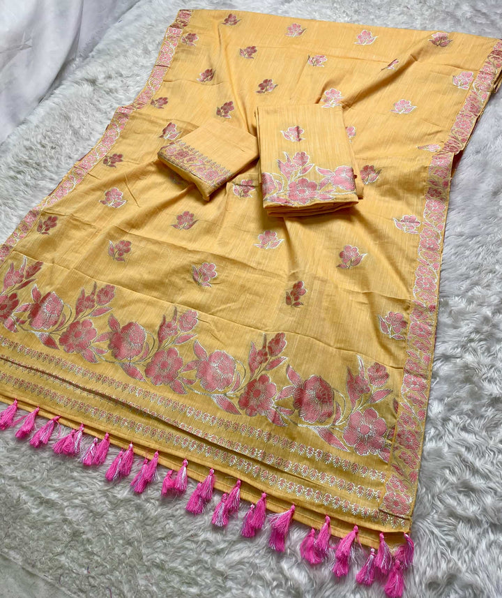 Ready-To-Wear Dhaga-Silver Jari Weaving Work Kesa Cotton* Mekhela Sador