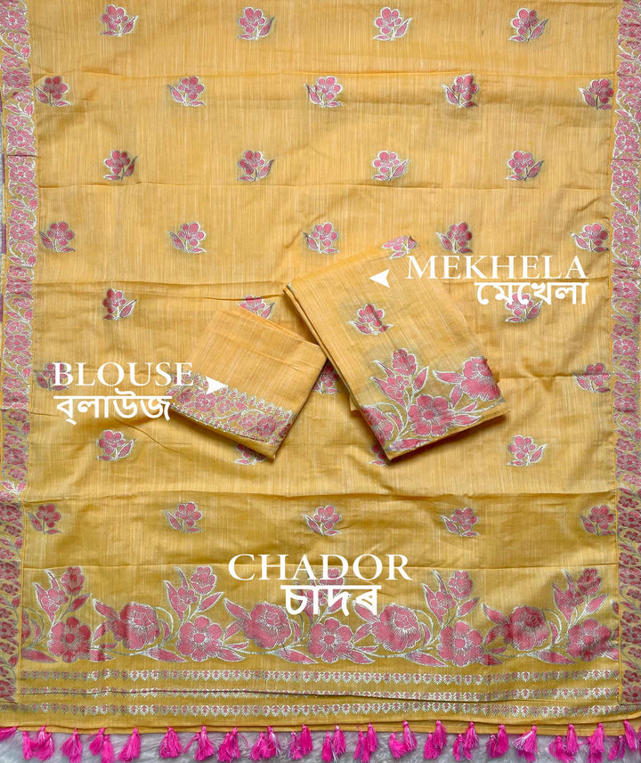 Ready-To-Wear Dhaga-Silver Jari Weaving Work Kesa Cotton* Mekhela Sador