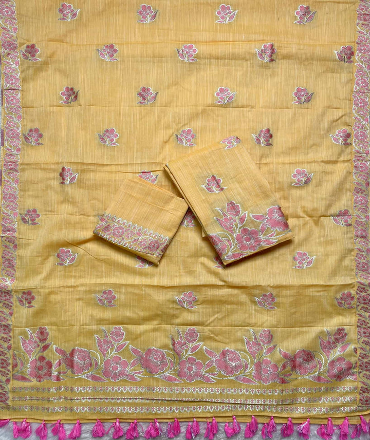 Ready-To-Wear Dhaga-Silver Jari Weaving Work Kesa Cotton* Mekhela Sador