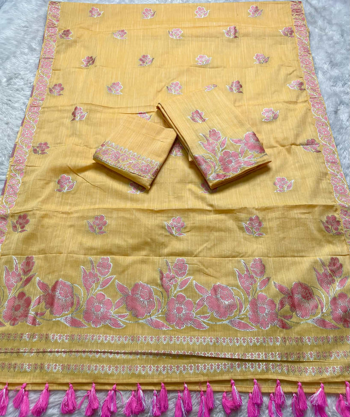 Ready-To-Wear Dhaga-Silver Jari Weaving Work Kesa Cotton* Mekhela Sador